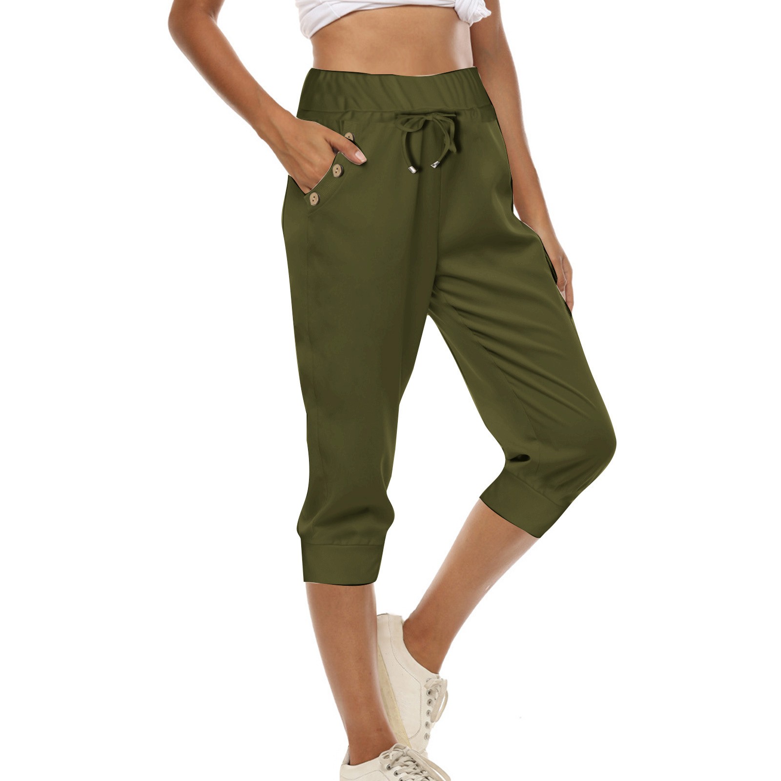 thumbnail image 2 of Pantalones de mujer de largo 3/4 con cintura elástica - Pantalones deportivos informales para yoga con bolsillos - Mezcla de algodón, tallas reales, S-XXXL, 2 of 5